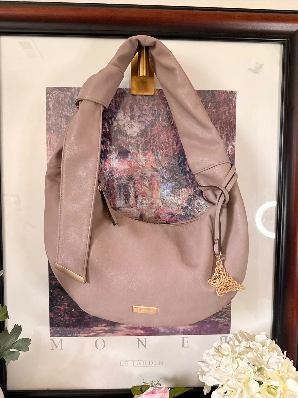 Excellent Pre-loved Condition- HoboTaupe Shoulder Hobo Bag with Decorative Charm